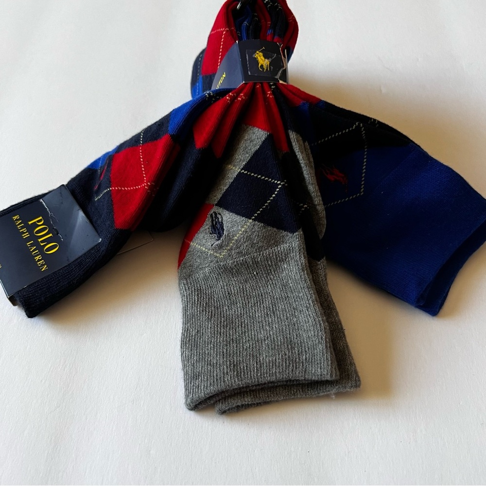 RALPH LAUREN POLO MENS 3 Pair COTTON BLEND SOCKS ARGYLE MIX BLUE RED GRAY OS NWT